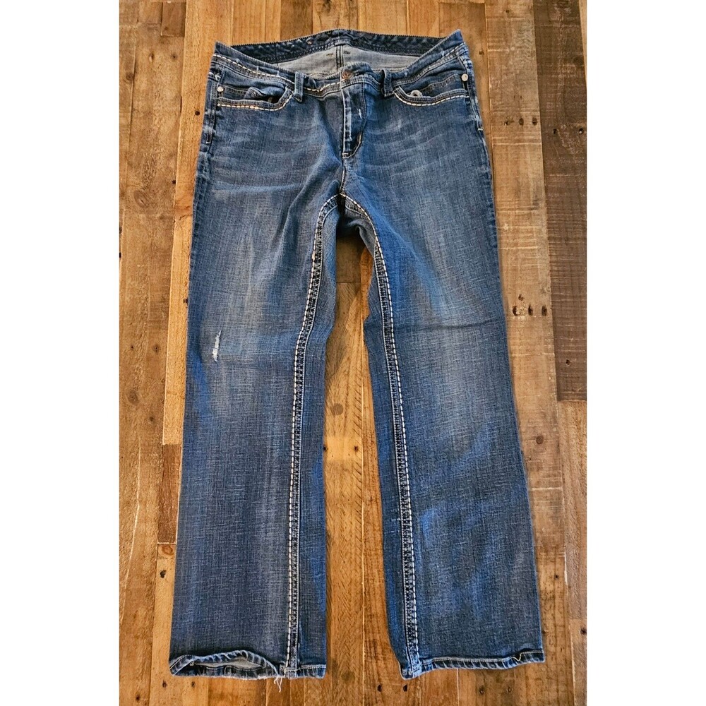 Seven7 Womens Size 18 Medium Wash Blue Denim Distressed Bootcut Jeans Stretch